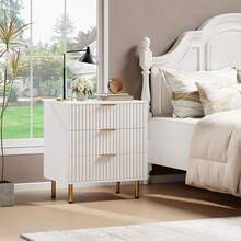 Cómoda acanalada de 3 cajones para dormitorio, mesita de noche moderna con cajones profundos, cómoda con tablero ancho, organizador de madera, mesa auxiliar para salón, pasillo y habitación infantil, color blanco. - Blanco - Ver 3