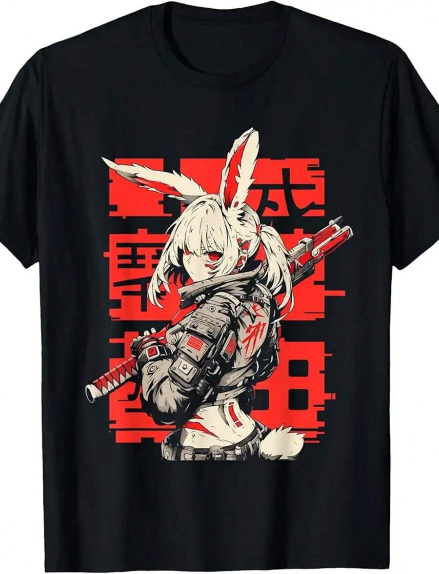 Anime Manga Cyberpunk Aesthetic Techwear Harajuku Bunny Girl T-Shirt - 黑色 - 查看 1