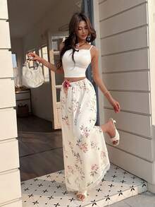 Women's Ditsy Floral Long Skirt, Lace Trim, Elastic Waist, Casual Non-Stretch Fabric A-Line Skirt - White - View 4