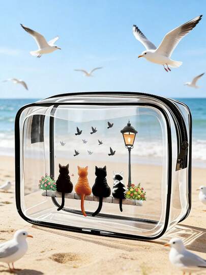 Cute Cat And Flower Print Transparent PVC Toiletry Bag, Zippered Cosmetic And Travel Storage Bag, Foldable, Fade Resistant, Lightweight, Easy To Clean, Ideal For Fitness, Vacations, Daily Commute, Fashionable Design, Essential For Women And Girls