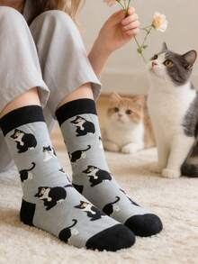 1 Paio di Calzini Unisex Casual Carini a Motivo di Gatto Grigio, Adatti per la Casa, Tutte le Stagioni, per Uomo e Donna - Grigio - Visualizzare 3