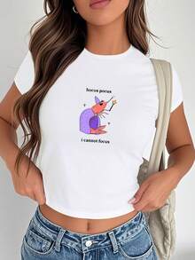 1pc I Cannot Focus Wizard Shrimp Graphic Print Women's Fashion Short Sleeve T-Shirt,Y2K Top Crop,Back To School,Vintage,Street Wear, Rock, Holiday, Vacation, Festival, Summer Tops - 白色 - 查看 4