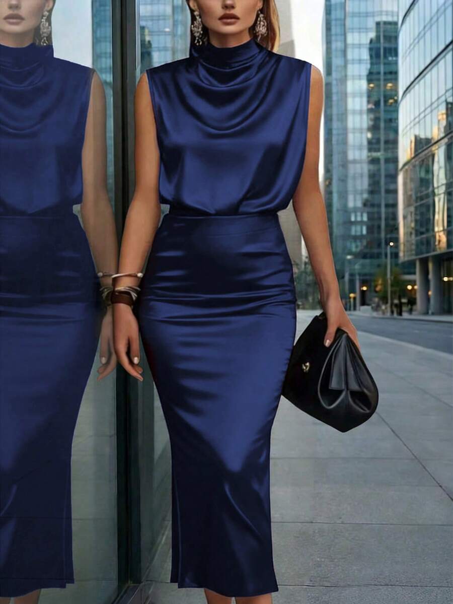 女士优雅纯色缎面高领无袖上衣+修身半裙套装，时尚春夏办公/外出工作服，情人节连衣裙