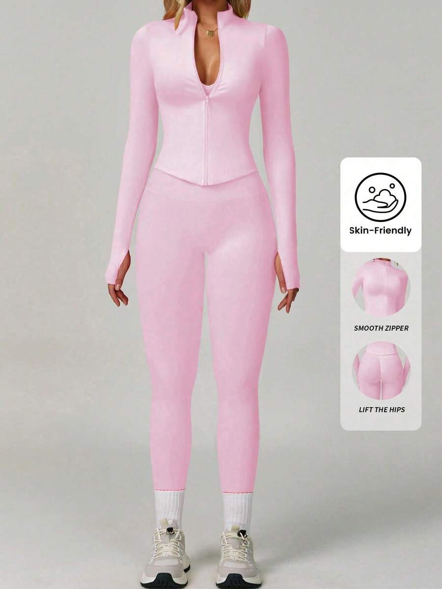 Yefecy Women's Street Style Fitness Set, Zip-Up Jacket Paired With Butt-Lifting Leggings, Fashionable Pieces Suitable For Gym To Street Pink