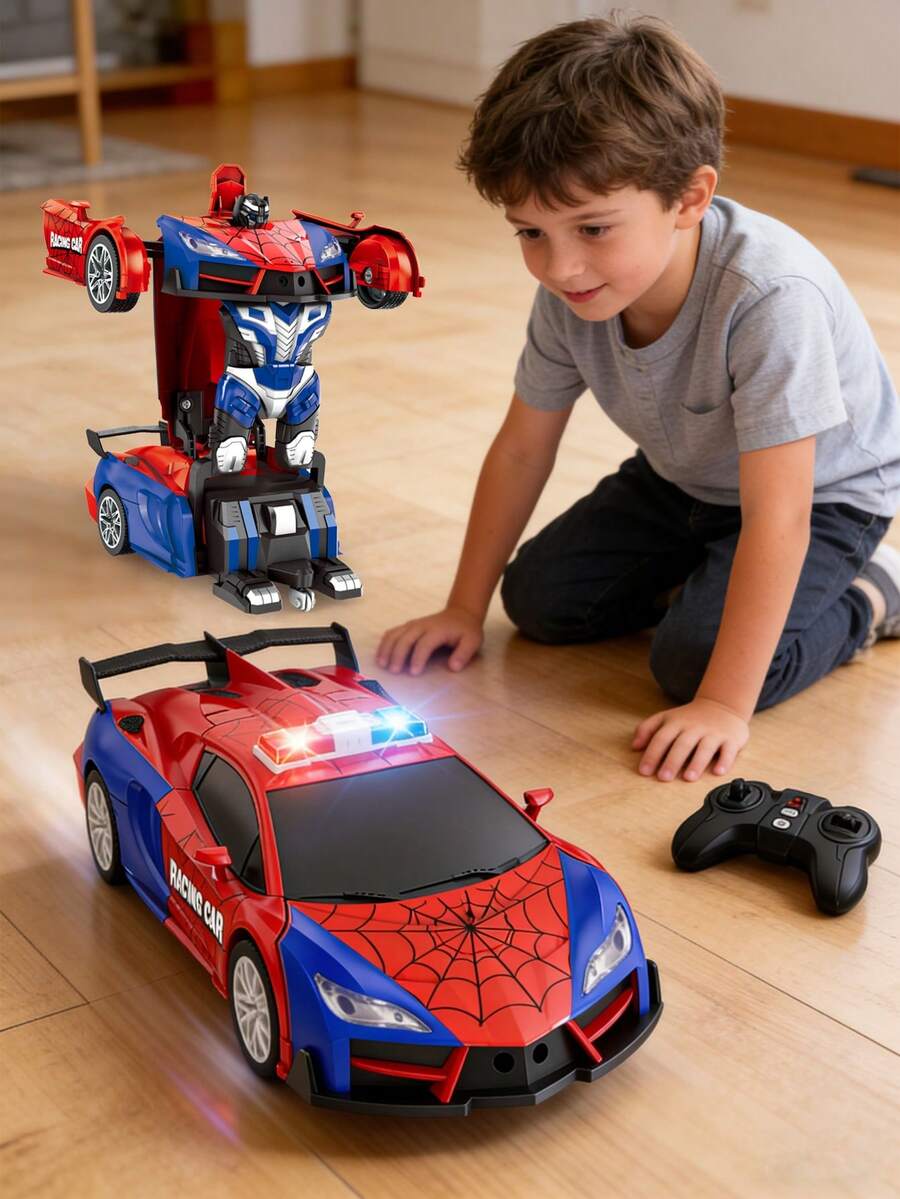 1个2.4GHz遥控变形机器人汽车，1:18比例蜘蛛遥控车，带360°旋转LED灯，二合一玩具机器人，一键变形，自动演示车玩具，蜘蛛电动玩具赛车，是3-9岁男孩女孩的理想圣诞节、万圣节、复活节、感恩节、生日、新年礼物。