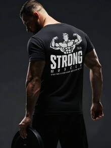 男士休闲肌肉男图案圆领短袖T恤，适合日常穿着、健身和运动，黑色夏季款 - 黑色 - 查看 7