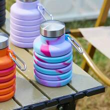 Foldable Telescopic Water Bottle, Anti-Drop Sports Water Bottle, Portable Reusable Silicone Water Bottle, Foldable Design, With Carabiner, Lightweight And Durable, Suitable For Camping, Hiking, Gym, Cycling ZF9V - Purple Tie-dye - View 5