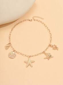 1 pieza Collar colgante con estilo de océano de verano, joyería de metal con estrella de mar, concha y pulpo de moda para vacaciones en la playa, adecuado para uso diario, viajes a la playa y sesiones de fotos - Multicolor - Ver 2