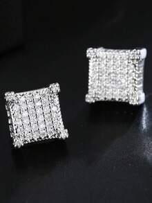 Copper-Tone Cubic Zirconia Square Shiny Stud Earrings, Hiphop Style For Men Party Wear - Silver - View 6