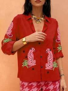 Sea Starshine Spring/Summer New Collection Casual, Simple And Elegant Vacation Style Leopard Print Leaf Pattern Lapel Button-Down Long-Sleeve Shirt For Women - Red - View 5