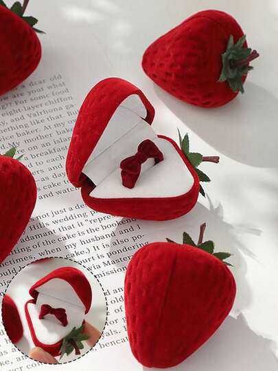 1pc Strawberry-Shaped Ring Box With Soft Cushioning Interior & Realistic Leafy Stem - Elegant Red & White Contemporary Jewelry Storage Case For Wedding Bands, Engagement Rings, Valentine's Gift - Synthetic Faux Leather-Like Material, Compact Proposal Box For Couples, Girlfriend, Boyfriend