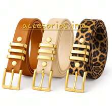Set Of 3 Women's Belts With Square Buckle, Casual Style - Caramel, Beige, Leopard - View 2