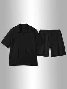 Men's Summer Striped Texture POLO Suit, Breathable Short-Sleeved Shorts For Leisure Vacation. - 黑色 - 查看 3