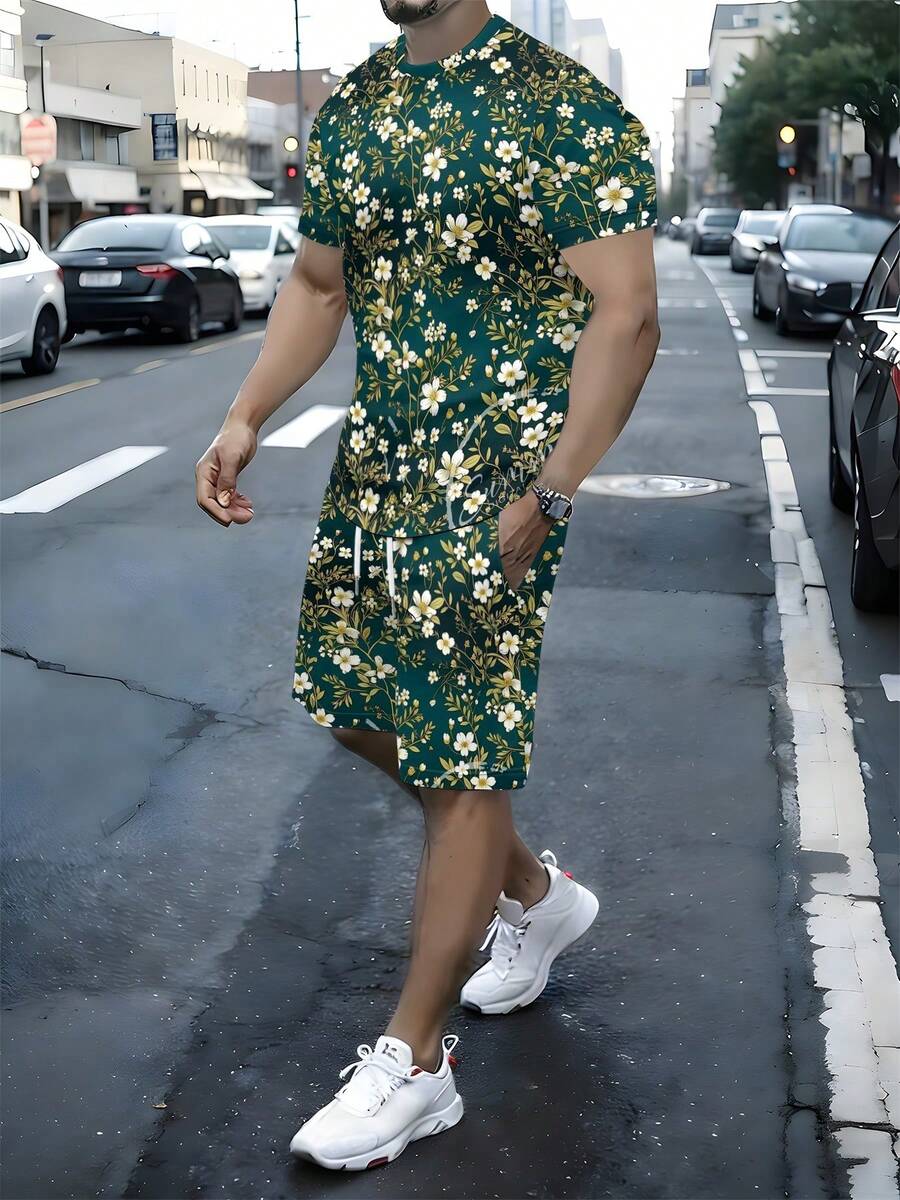 2-Piece Fresh Elegant Knitted Fabric Soft Delicate Men's Outdoor Strolls Summer Green Base White Floral Pattern Short Sleeve Beach Shorts Set - 彩色 - 查看 1