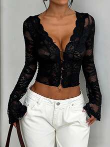 WOWDARK Women's Summer Top, Elegant Sexy Solid Color Lace Sheer V-Neck Casual Blouse, Suitable For Valentine's Day, Dates, Gatherings, Parties, Travel, Vacation, Beach And Other Occasions - Black - View 3