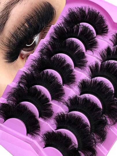 7 Pairs 9D 25mm Long Faux Mink Lashes, Fluffy & Charming, Create Cat Eye Makeup, Curly & Thick DD Effect, Reusable Faux Mink Eyelashes