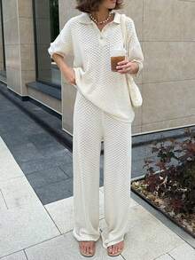 VIBEWAVE Women 2 Pieces Set: Short Sleeve Knit Top And Casual Pants, Fashionable - Apricot - View 5