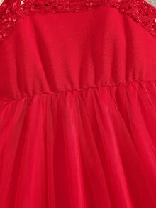 8-12 Years Old Girls' Summer New Sequin Decor Mesh Hem Spaghetti Strap Dress, Suitable For Dance Performance, Birthday Party, New Year, Holiday Gathering, Valentine's Day - 紅色 - 查看 4