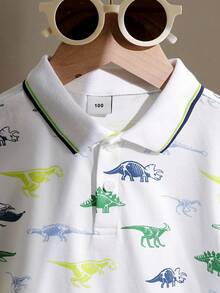 Young BoySummer Short Sleeve Polo Shirt With Cartoon Dinosaur Print, Versatile Top - White - View 3