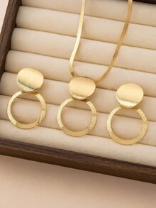 Bộ 4 món trang sức hình cỏ bốn lá rỗng hai lớp, phong cách tối giản cổ điển, thanh lịch, gồm dây chuyền, vòng tay và bông tai, thích hợp làm quà tặng, dự tiệc và đeo hàng ngày. - Vàng - Xem 4