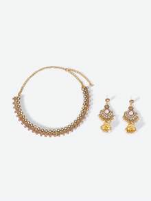 Opalesca 3 cái/bộ Châu Âu và Châu Mỹ Quá quắt Vintage Bohemian Cung điện Kỳ lạ Ngọc trai giả Đính cườm Bộ trang sức Bao gồm Hoa tai , Khóa Xương quai xanh Dây chuyền Và Tua Chuông Hình dạng Vật rủ xuống - Hồng - Xem 2