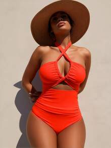 New Women's Solid Color Fashion Jacquard Sexy Strap Triangle Swimsuit One-Piece Swimsuit With Skirt Two-Piece Set Elegant Casual Vacation Swimwear For Women - 桔色 - 查看 5