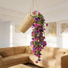 2-Piece Outdoor Artificial Hanging Flowers - Realistic Purple And Yellow Morning Glory Faux Plants, Durable Plastic Material, Decorative Artificial Flowers For Porches, Gardens, Weddings, Parties, Wall Hangings, Low-Maintenance Greenery, Ideal Valentine's Day And Mother's Day Gifts - Purple - View 2