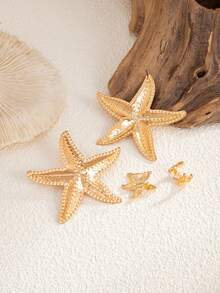 4pcs/Set Chic Ins Metal Flower Ear Clips Set, Beach Vacation Linen Starfish Earrings, Suitable For Women's Daily Wear, Gifts, Photography, Ear Cuff Accessories - Starfish - View 7