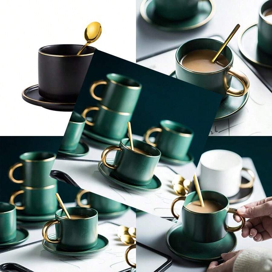 Matte Porcelain Cup And Saucer Set With Gold Trim 6oz Tea Cup Coffee Cup With Gold Spoon - màu đen - Xem 1