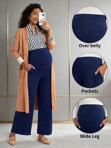 Buttery Soft High Waisted Over The Belly Full Length Wide Leg Maternity Yoga Palazzo Pants - Blue - View 2