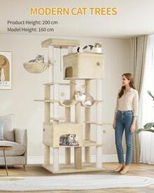 Arbre à chat Hzuaneri 200 large, griffoir avec 2 lits et 10 sisal, durable pour grands chats Maine, comprend 2 hamacs, gris clair MS20018LG - Beige - Voir 2