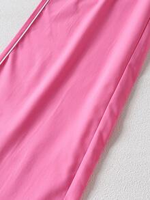 Printed Letter Waist Cropped Shorts + Solid Color Straight Leg Pants Set, For Teens, Spring/Summer - Pink - View 5