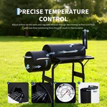 Charcoal Grills With Offset Smoker, Outdoor BBQ Grill With Handle And Wheels, Barrel Barbecure Smoker Grill Combo For Camping Picnic Patio Backyard Party - Black - View 5