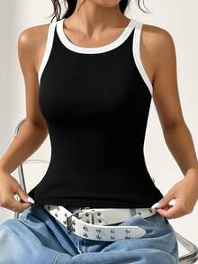 1pc Women's Basic Casual Contrast Color Sleeveless Knit Tank Top, Round Neck Vest, Versatile For Summer Daily Wear - Black - View 3