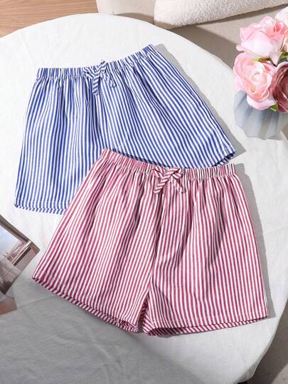 Bộ 2 quần short mùa hè cho bé gái, kẻ sọc và màu trắng trơn, kiểu dáng đơn giản và thoải mái, thích hợp mặc ngoài trời hoặc hàng ngày.
