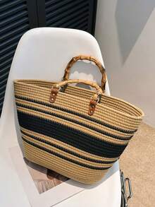 BAILEE A Casual, Stylish, Vacation-Themed Bamboo-Handled Woven Handbag. It Is Lightweight, Durable, And Has Ample Capacity. An Excellent Choice For Gifts. - Multicolor - View 14