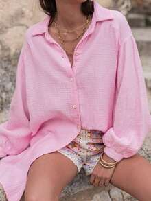 Women's Loose Long Sleeve Button Down Shirt Blouse, Solid Color Suitable For Valentine's Day Casual Spring - Baby Pink - View 4