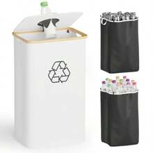 SpaceAid - Papelera de reciclaje para cocina 26 galones 100 l con tapa y 2 bolsas interiores reutilizables para botellas de vidrio pegatinas de plastico color blanco - Blanco - Ver 1