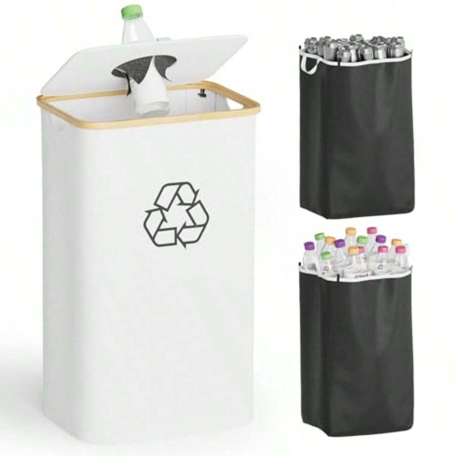 SpaceAid - Papelera de reciclaje para cocina 26 galones 100 l con tapa y 2 bolsas interiores reutilizables para botellas de vidrio pegatinas de plastico color blanco - Blanco - Ver 1