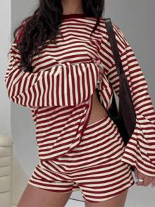 Bộ đồ nữ kẻ sọc tay dài và quần short, thích hợp mặc hàng ngày vào mùa xuân. - Mơ Burgundy - Xem 5