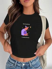 1pc I Cannot Focus Wizard Shrimp Graphic Print Women's Fashion Short Sleeve T-Shirt,Y2K Top Crop,Back To School,Vintage,Street Wear, Rock, Holiday, Vacation, Festival, Summer Tops - 黑色 - 查看 4