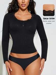 1 pieza Blusa casual de mujer con adorno de encaje, otoño/invierno - Negro - Ver 2