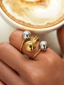 Frminee 1pc Simple Design Punk Hip Hop Style Gold Stainless Steel Exaggerated Ball Gold Silver Personalized Opening Ring - Steel Balls - View 5