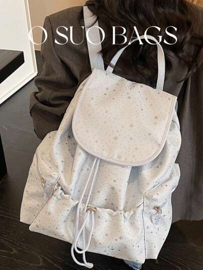 大容量时尚印花多口袋尼龙休闲背包，星形装饰，轻便可折叠抽绳字母贴布旅行包，夏季