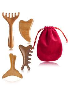 2/3/4/5件套檀香面部按摩美容工具套装，包含面部头部按摩板、刮痧板、穴位按摩器，适用于女性，可手动放松肌肉。 - 彩色 - 查看 1