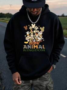 The Disney Men's Casual Hoodie Features A Cartoon Style Layout That Incorporates Classic Disney Animal Characters Such As Mickey Mouse, Donald Duck, Goofy, And Pluto. It Features A Vibrant And Cute  Style With A Retro American Atmosphere, Making It Suitable For Daily Casual Wear - Black - View 3