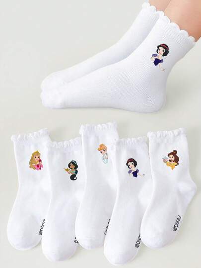 Disney 1/5 Pairs Children/Girls Spring/Summer White Lace Socks, Adorable Cartoon Princess/Floral Pattern Decor, Versatile Cute Breathable Comfortable Short Socks, Moisture-Wicking Soft Skin-Friendly Sports Socks, Suitable For Holiday Gifts/Outdoor Travel/Campus Activities/Back To School