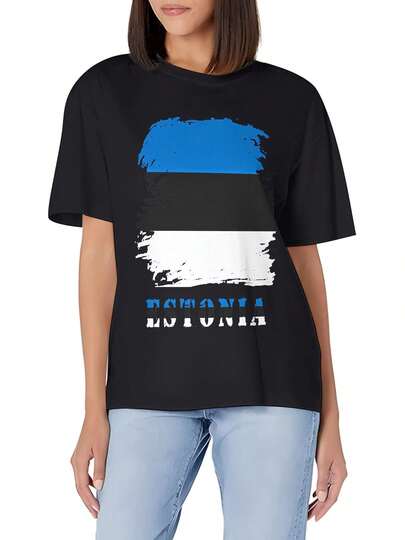 Vintage Estonia Estonians Flag Women's Casual Slim Fit Short Sleeve T-Shirt Soft Cotton Crew Neck Basic Versatile Top