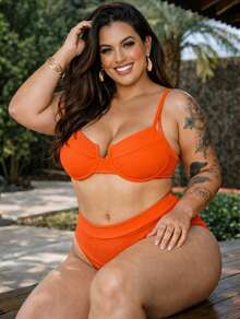 Plus Size Half Cup Bikini Set With High Waist And Adjustable Ties - Ana Ruga Women's - Neon Orange - View 1