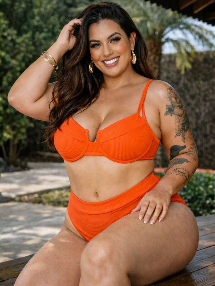Plus Size Half Cup Bikini Set With High Waist And Adjustable Ties - Ana Ruga Women's - Neon Orange - View 1
